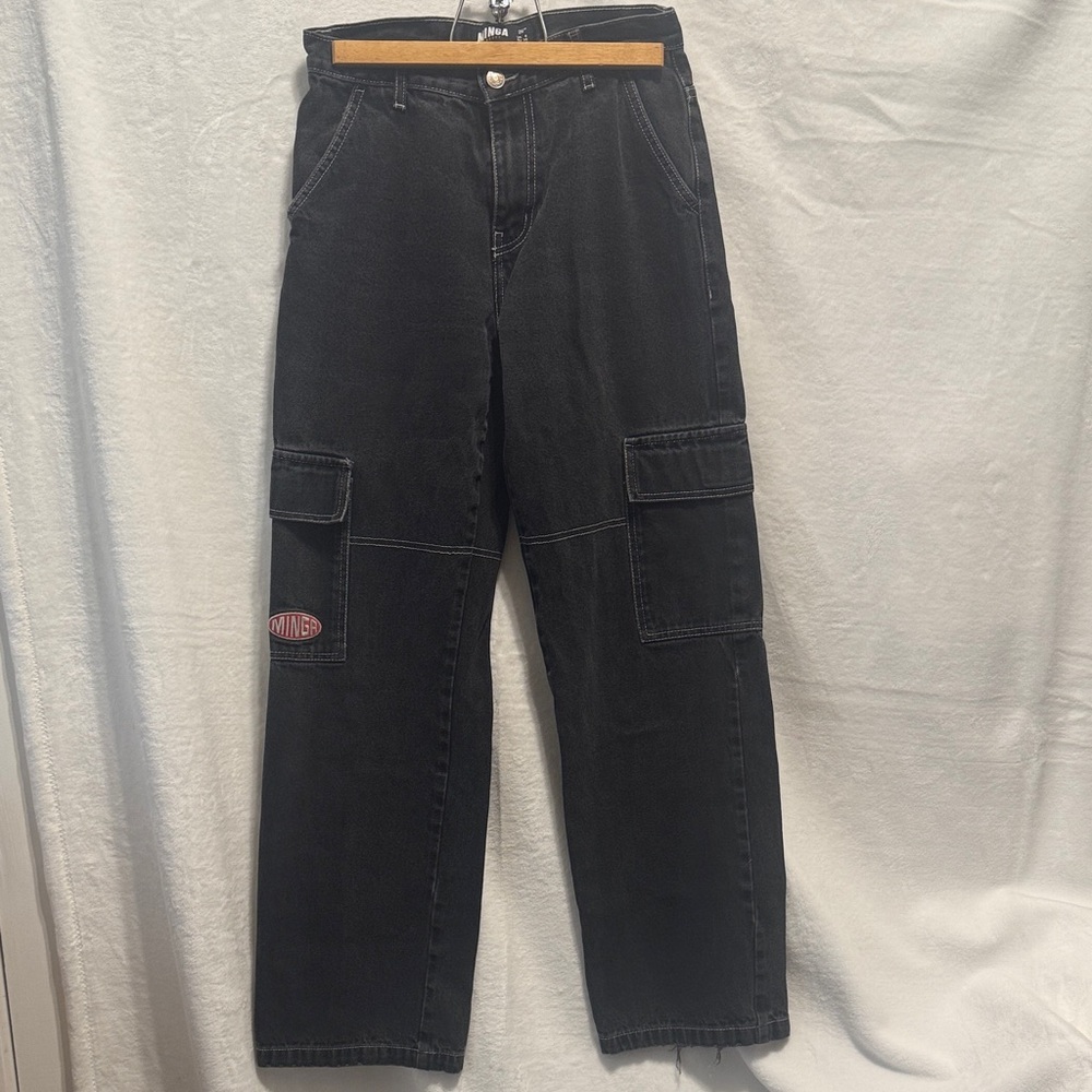 Minga London Black Wake Cargo Jeans Wide Leg Skater Contrast Stitch Size 26